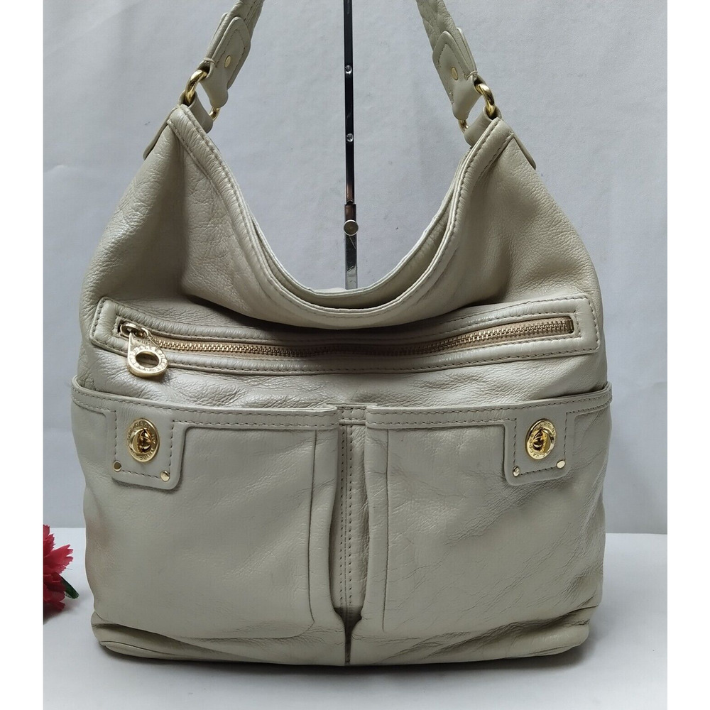 Marc By Marc Jacobs Off-White Leather Turnlock Pockets Zipper Hobo Shoulder Bag